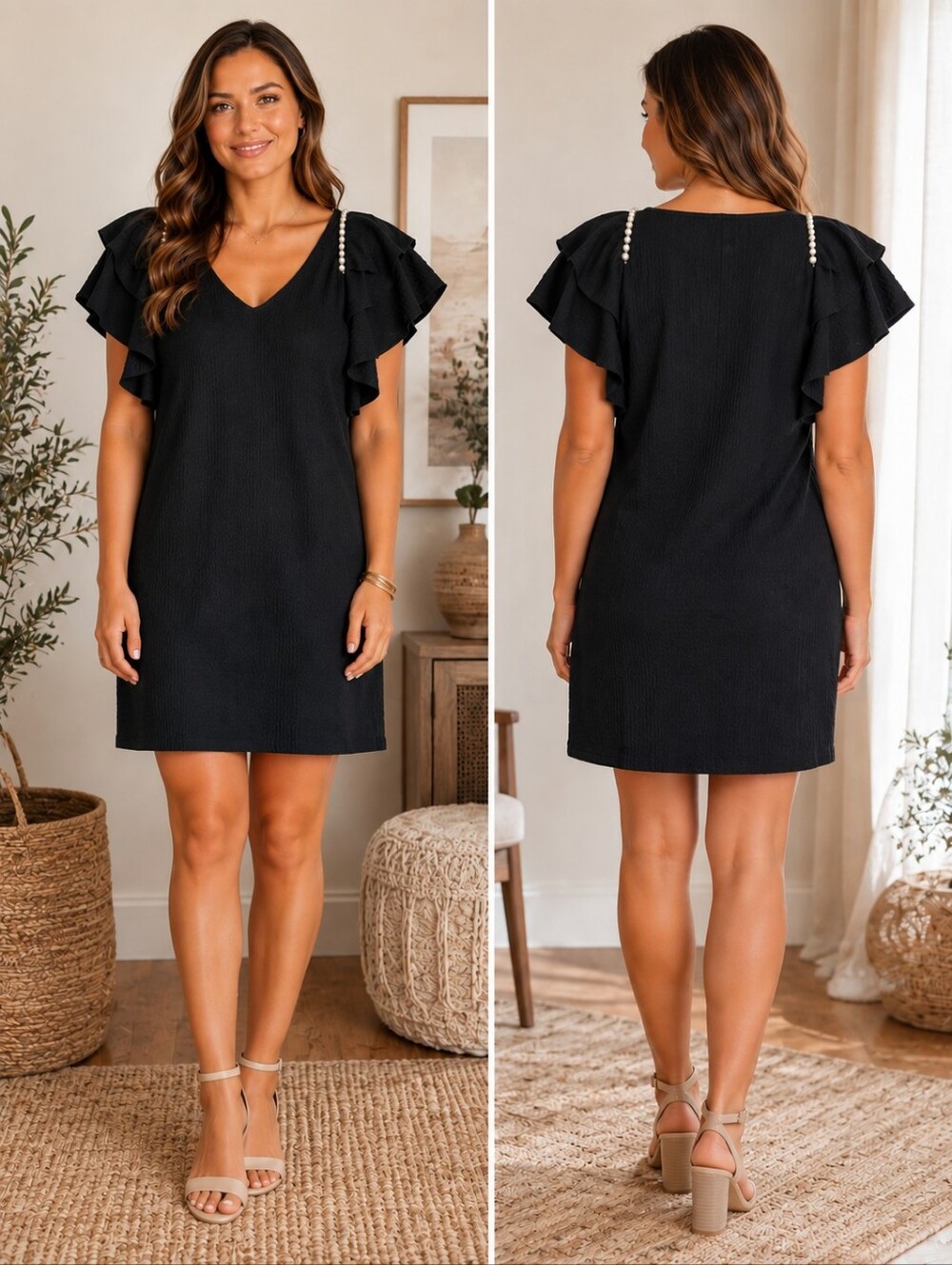 Size M -entro Black V-Neck Ruffle Sleeve Shift Dress with Pearl Shoulder Detail